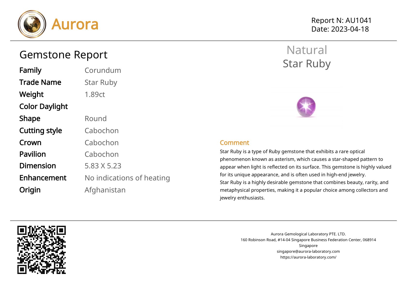 Sample gemstone certificate showing the stone's photograph, identification and treatment findings